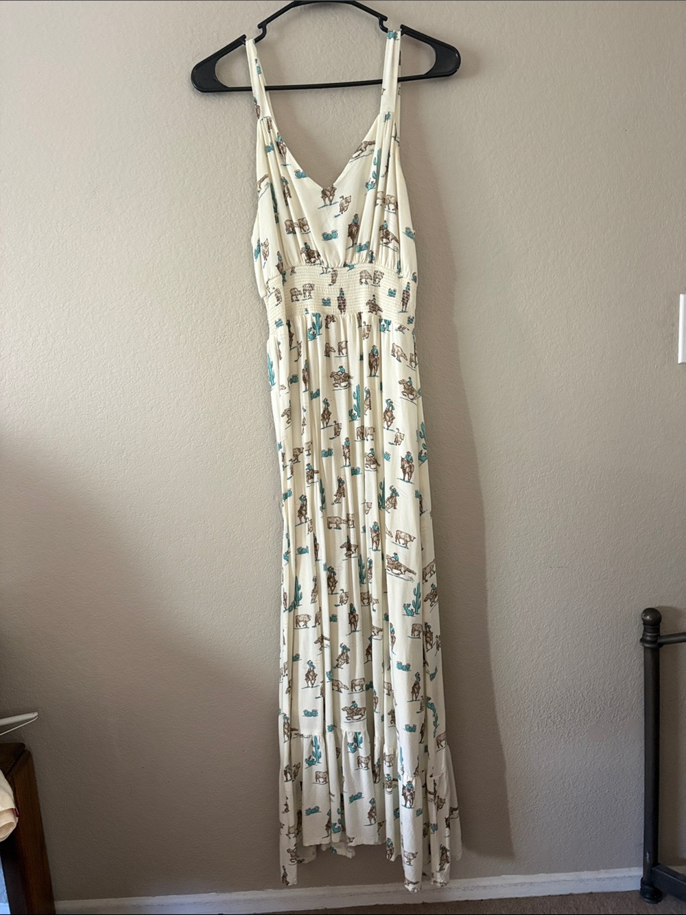 Roper Cream Maxi Dress with Teal and Brown Print